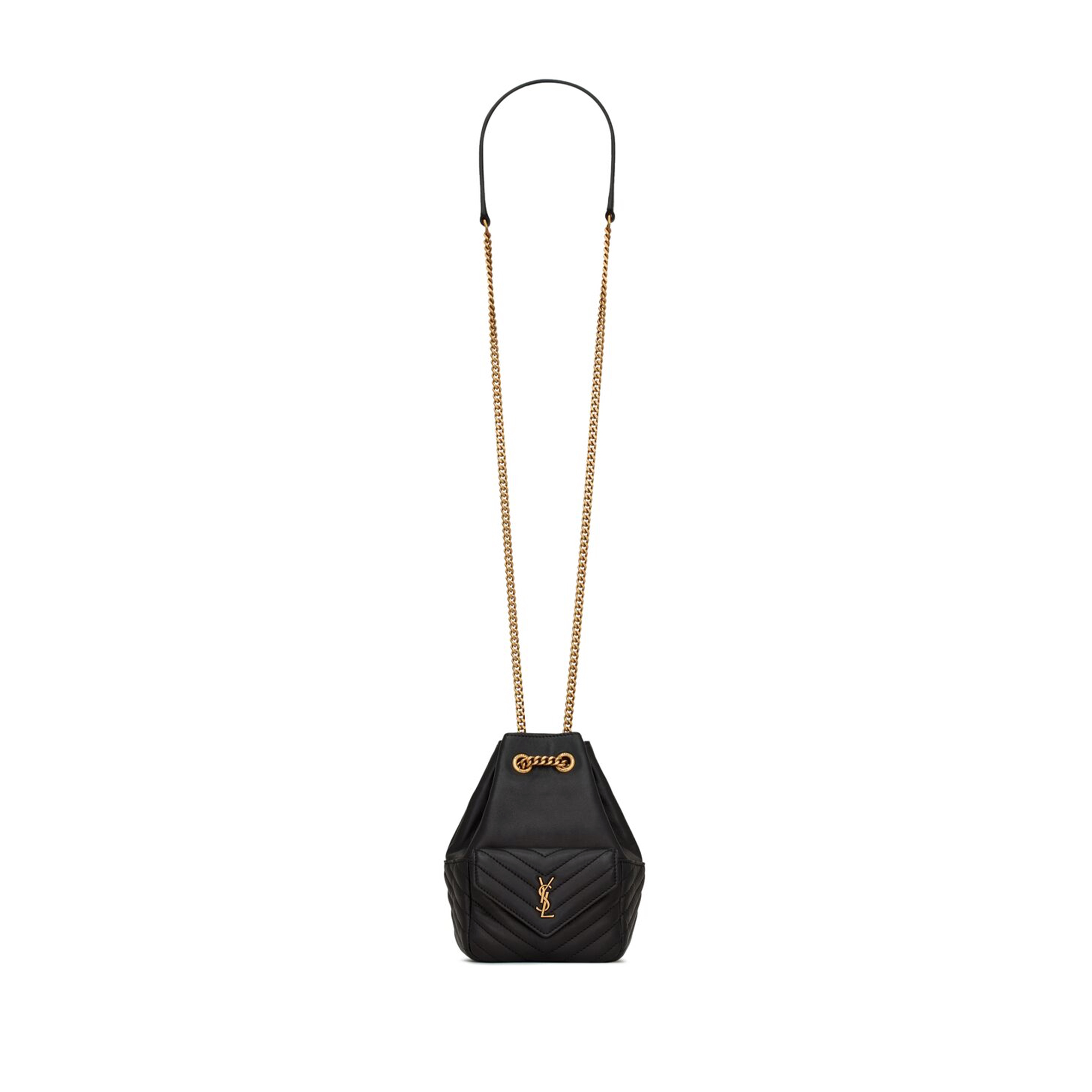YSL JOE MINI BLACK QUILTED MONOGRAM BUCKET BAG 7607451EL071000 (19*13*13cm)